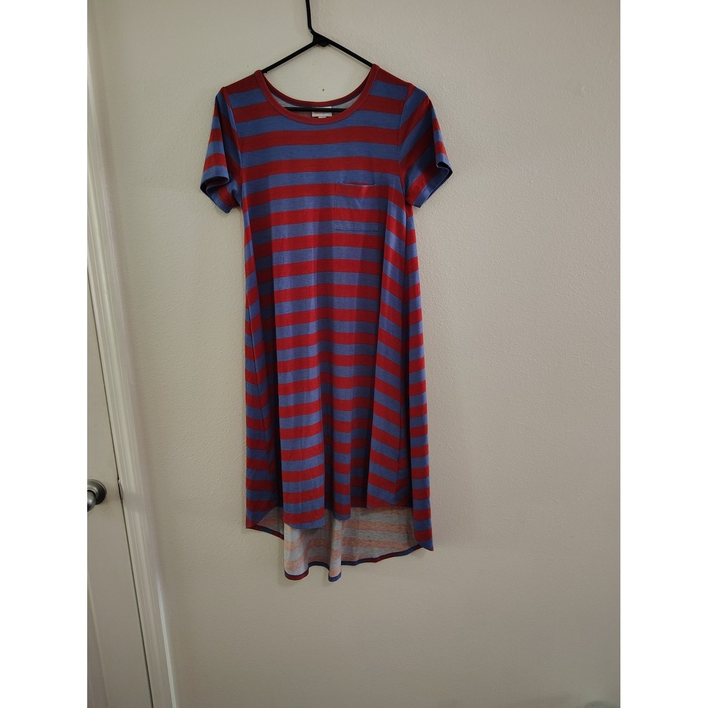 LuLaRoe Carly Dress Womens XS Red Blue Striped Short Sleeve High Low Swing Dress